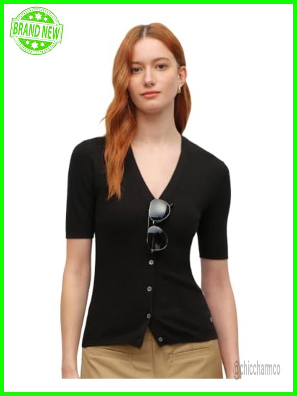 70% Cashmere 30% Silk V-Neck Ribbed Short Sleeve Cardigan Lightweight Sweater